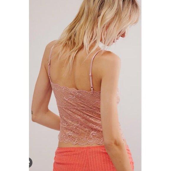 Free People Pink Lacey Essential Cami Adjustable Straps Floral Lace Trim Medium - Picture 2 of 11